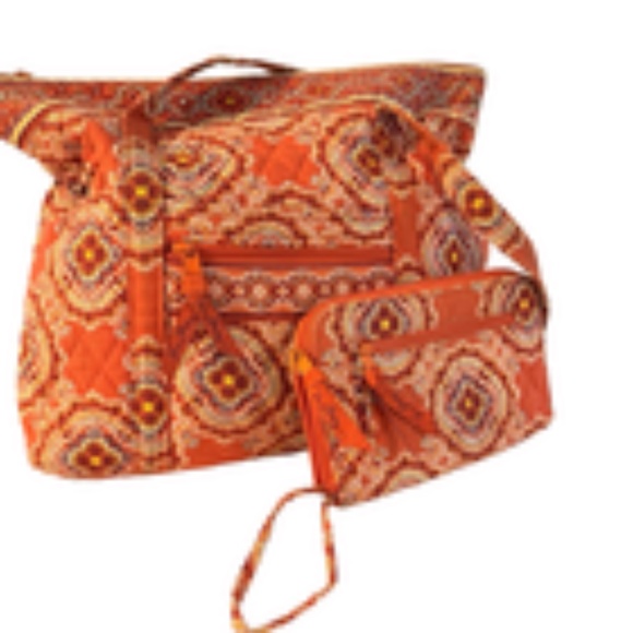 Vera Bradley Villager Tote & Wristlet Set Symphony in Hue Orange Floral Cotton - Picture 2 of 15